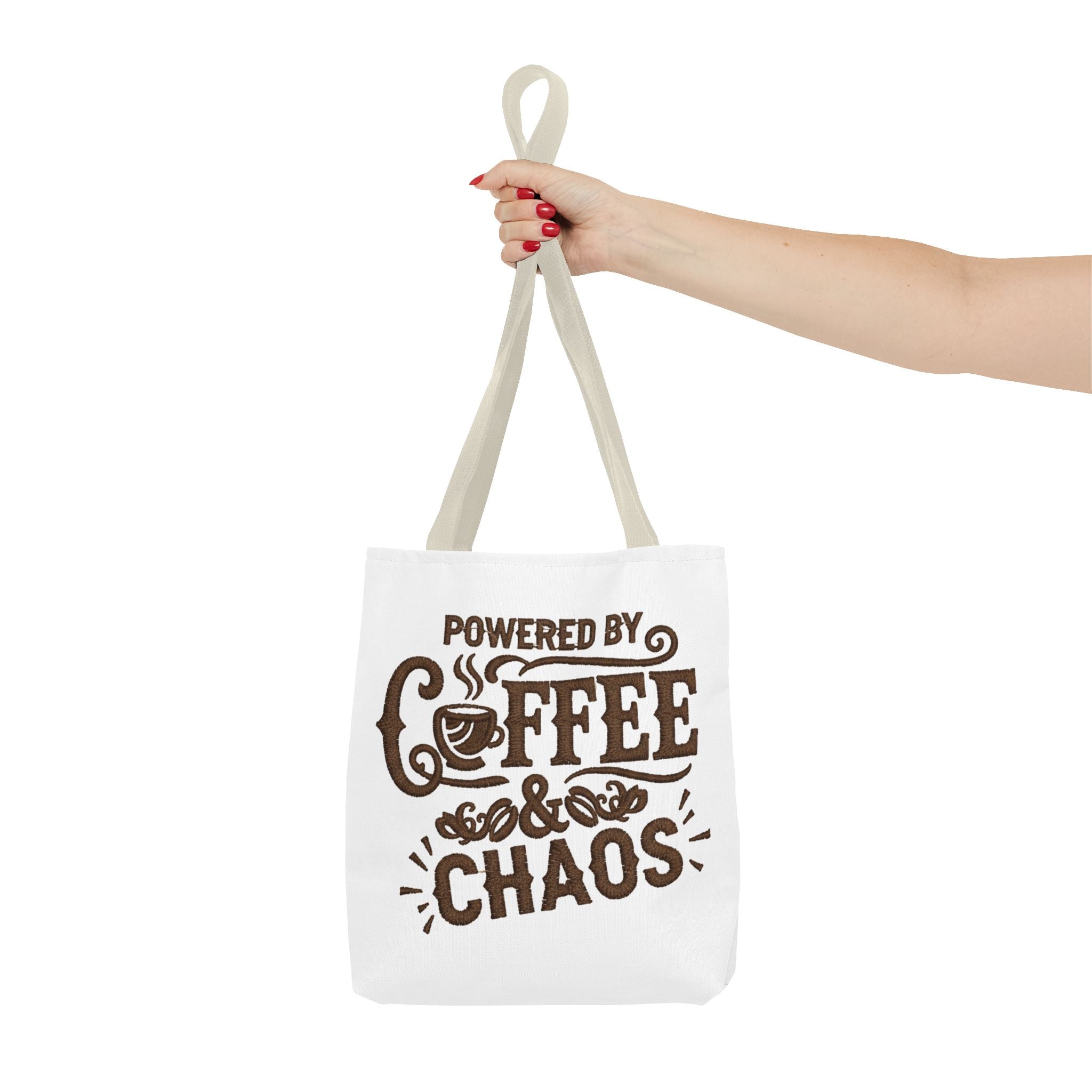 Powered by Coffee and Chaos Tote Bag | Funny Gift for Coffee Lovers, Busy Moms and Students, Reusable Carry-All, Durable Casual Shopper Bag