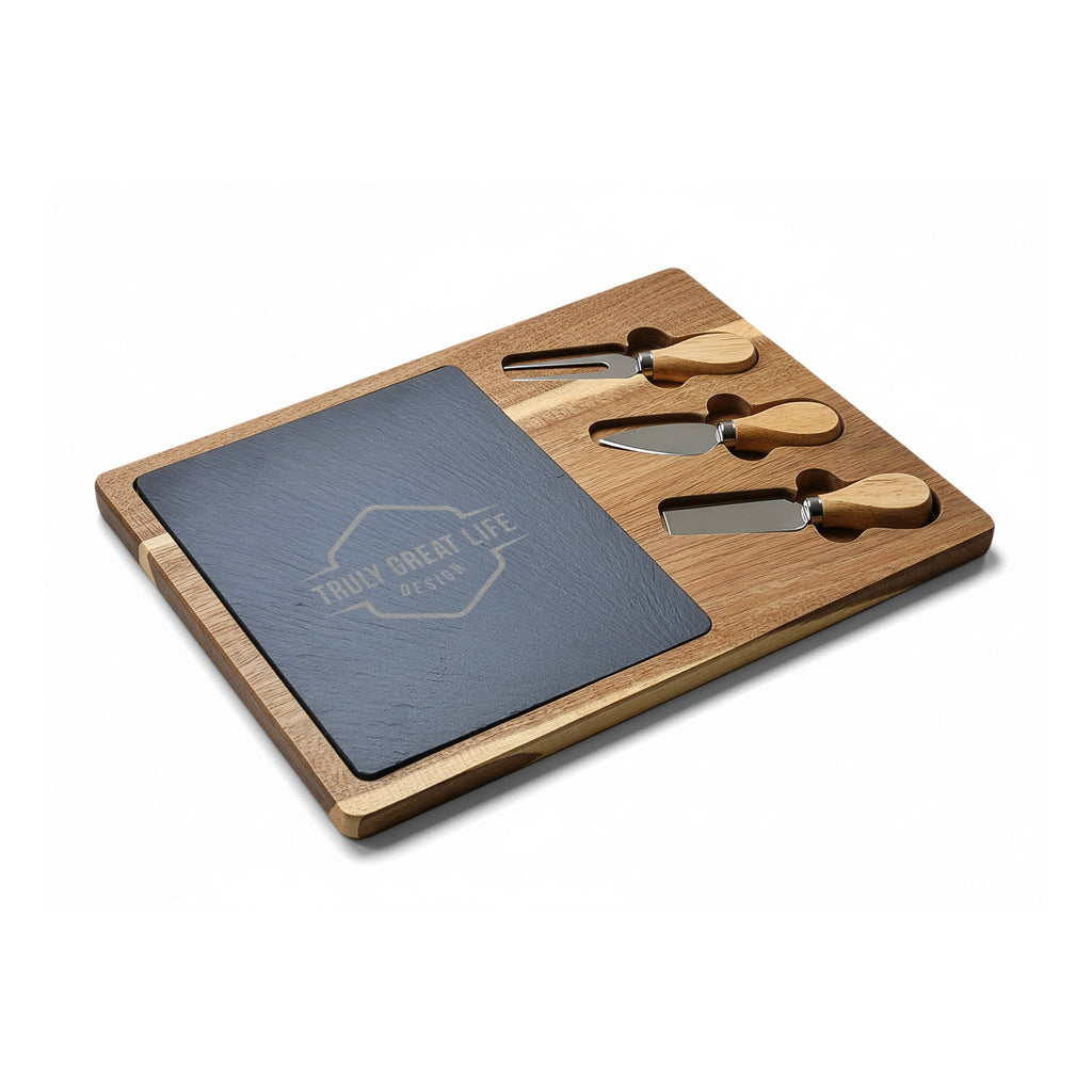 Engraved Acacia Charcuterie Board with Slate Insert & Cheese Tools
