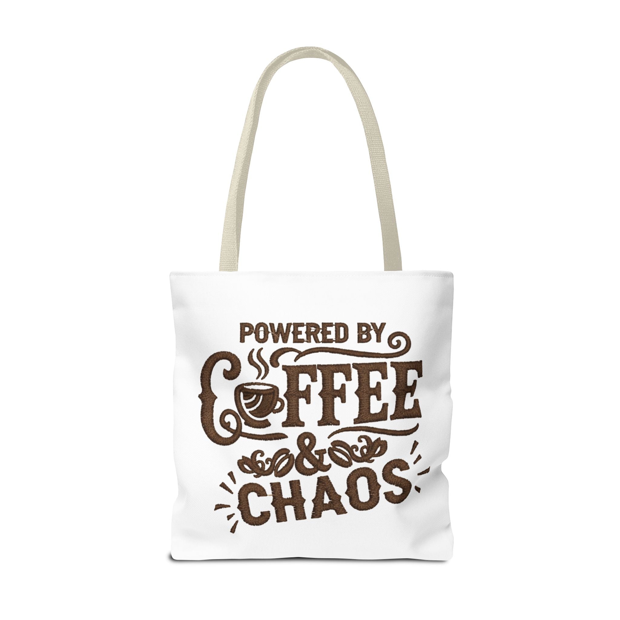 Powered by Coffee and Chaos Tote Bag | Funny Gift for Coffee Lovers, Busy Moms and Students, Reusable Carry-All, Durable Casual Shopper Bag