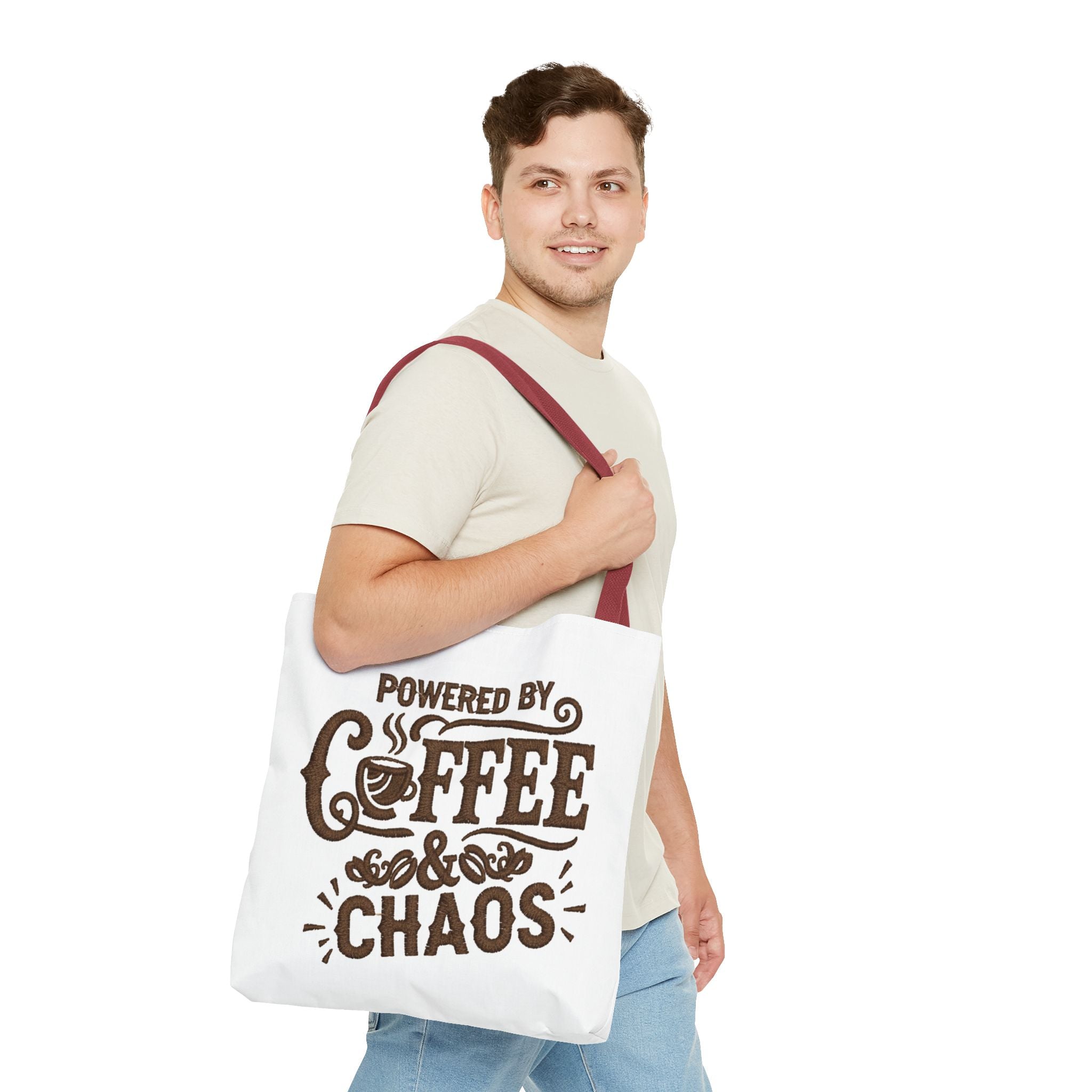 Powered by Coffee and Chaos Tote Bag | Funny Gift for Coffee Lovers, Busy Moms and Students, Reusable Carry-All, Durable Casual Shopper Bag
