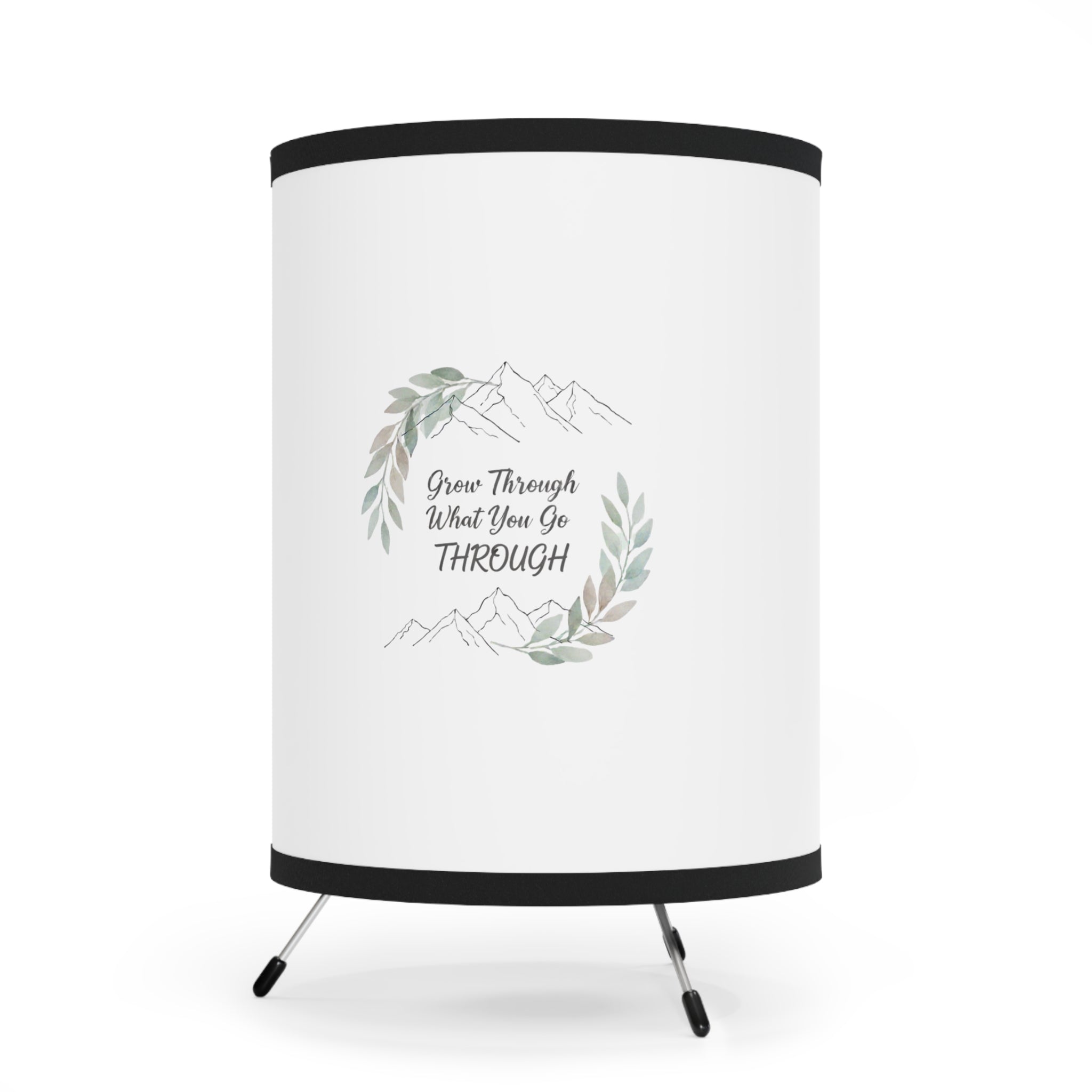 Tripod Lamp with Botanical Wreath Design, “Grow Through What You Go Through” Motivational Modern Home Decor