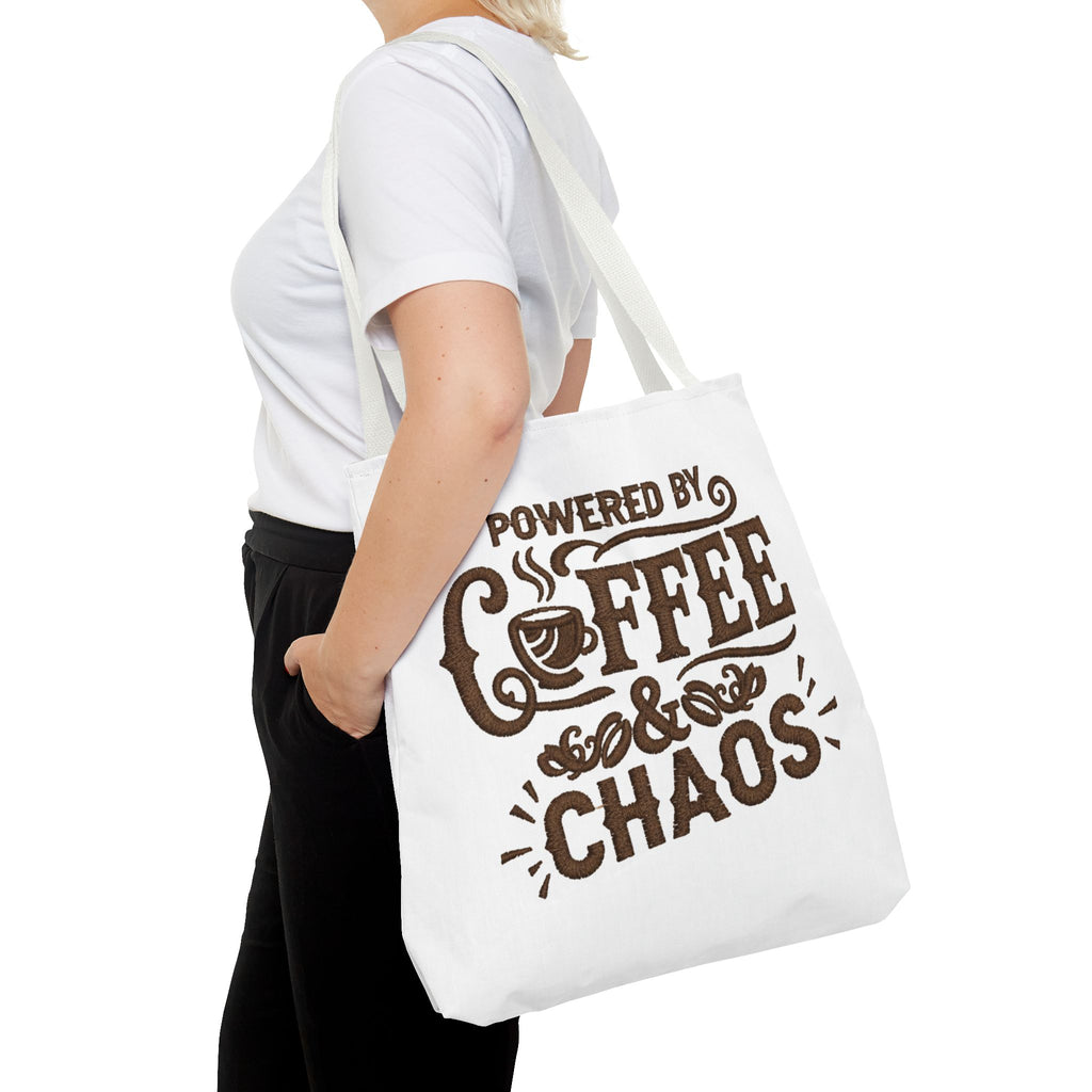 Powered by Coffee and Chaos Tote Bag | Funny Gift for Coffee Lovers, Busy Moms and Students, Reusable Carry-All, Durable Casual Shopper Bag