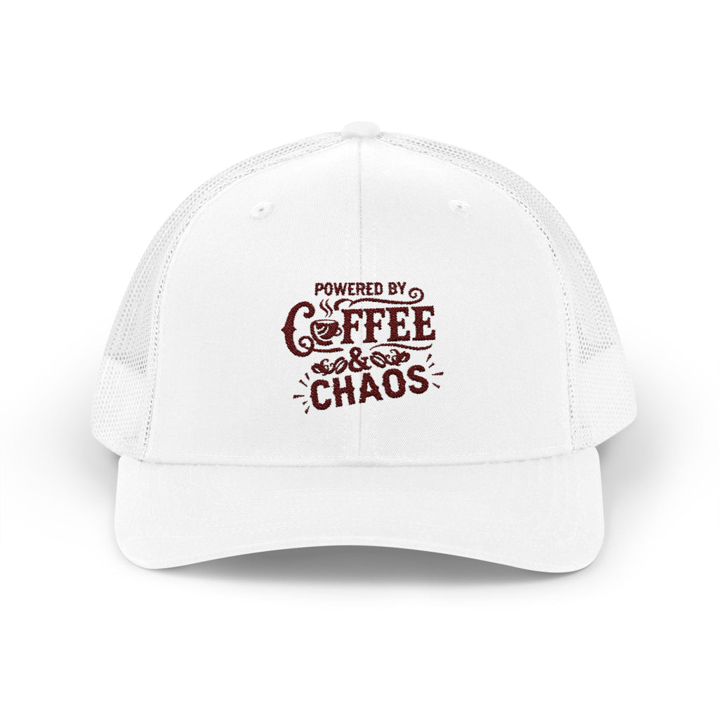 Truly Great Life Powered by Coffee & Chaos Snapback Trucker Cap | Funny Unisex Hat, Adjustable Mesh Baseball Cap, Gift for Coffee Lovers