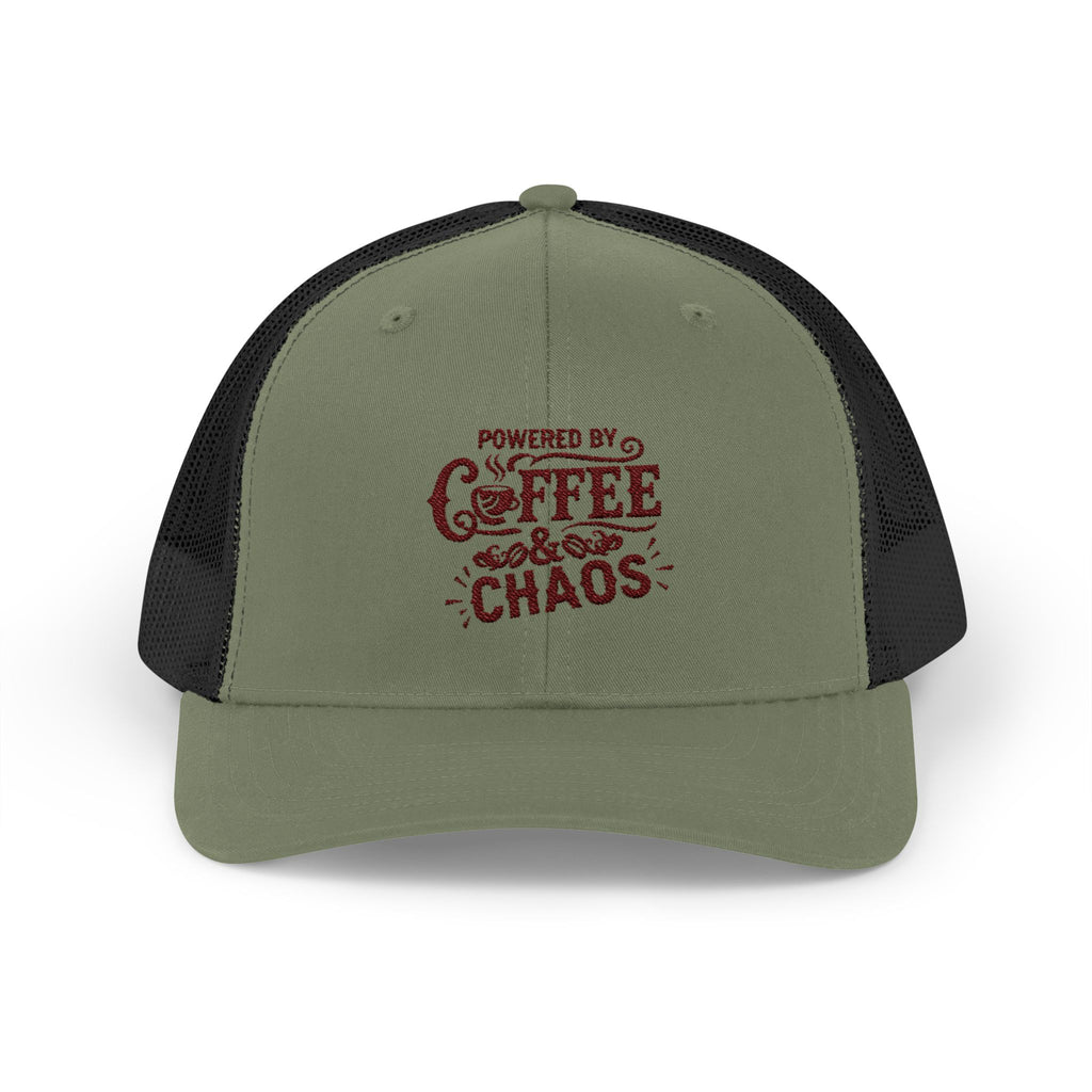 Truly Great Life Powered by Coffee & Chaos Snapback Trucker Cap | Funny Unisex Hat, Adjustable Mesh Baseball Cap, Gift for Coffee Lovers