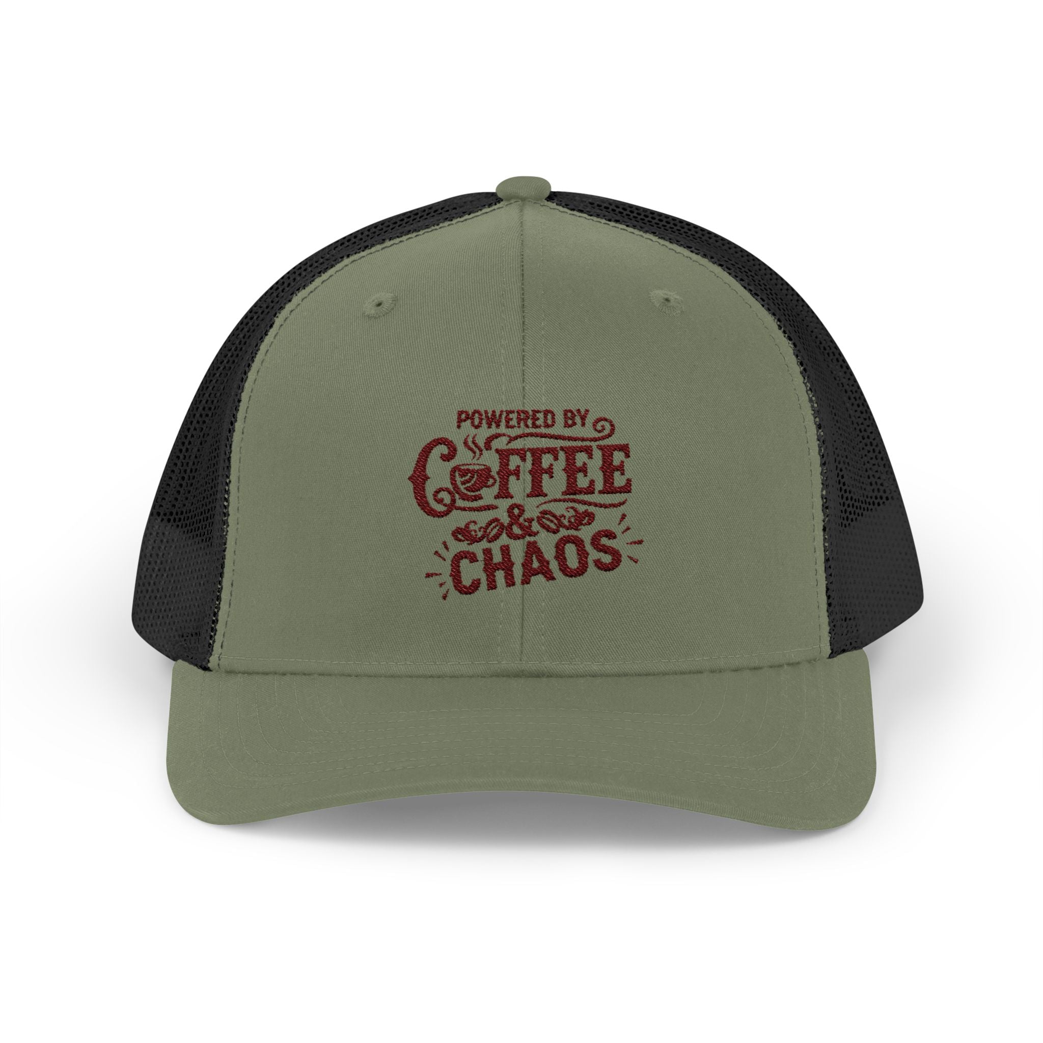 Truly Great Life Powered by Coffee & Chaos Snapback Trucker Cap | Funny Unisex Hat, Adjustable Mesh Baseball Cap, Gift for Coffee Lovers