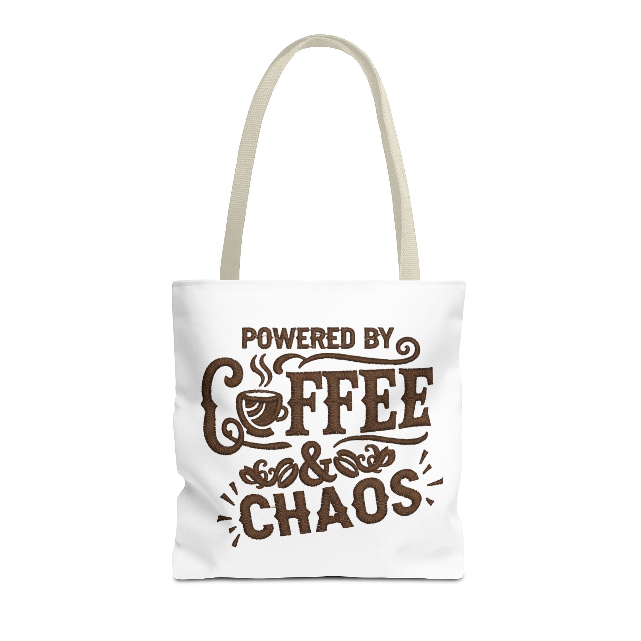 Powered by Coffee and Chaos Tote Bag | Funny Gift for Coffee Lovers, Busy Moms and Students, Reusable Carry-All, Durable Casual Shopper Bag