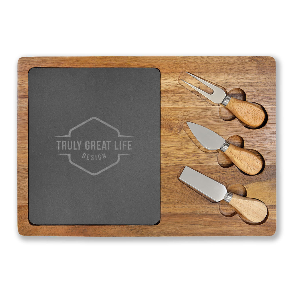 Engraved Acacia Charcuterie Board with Slate Insert & Cheese Tools