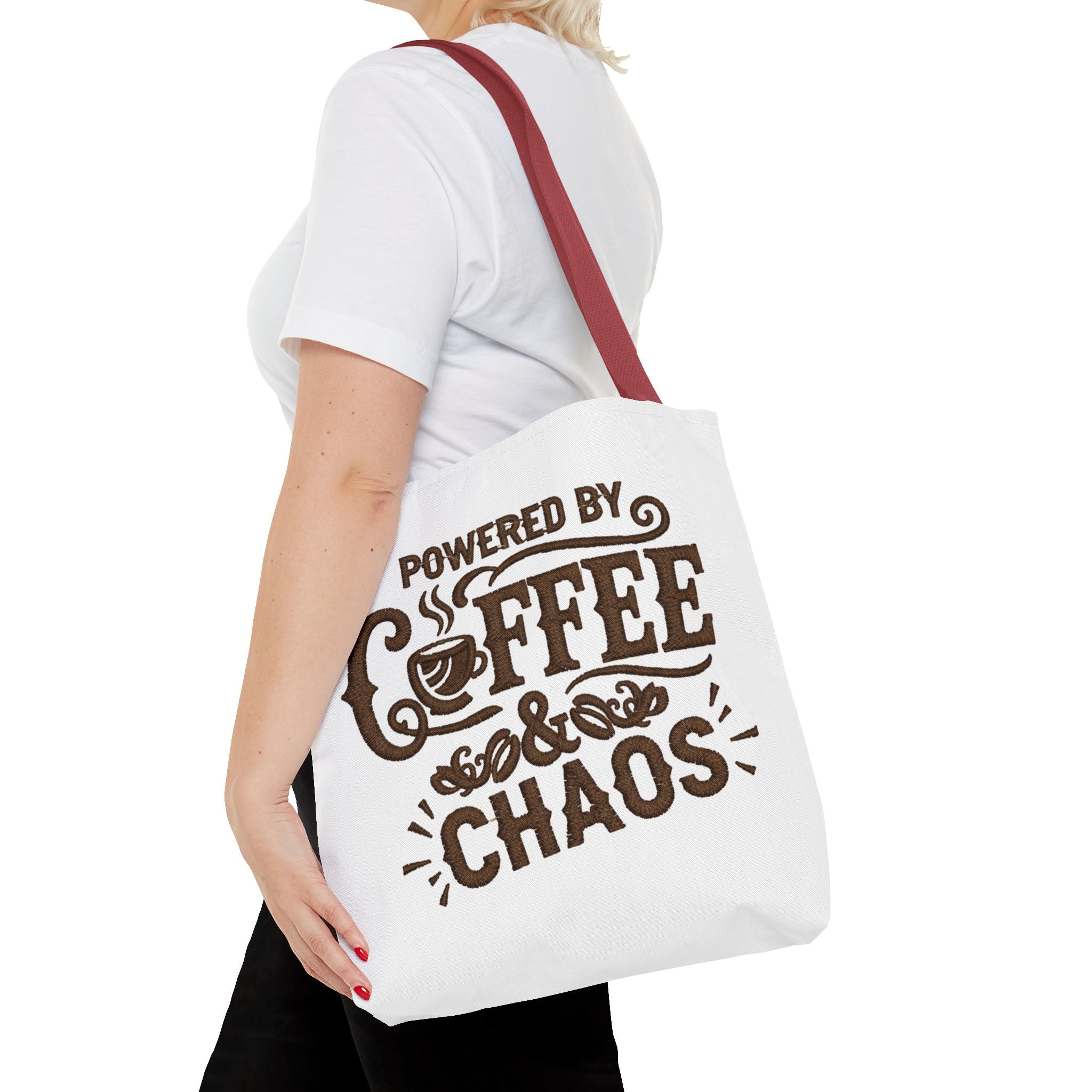 Powered by Coffee and Chaos Tote Bag | Funny Gift for Coffee Lovers, Busy Moms and Students, Reusable Carry-All, Durable Casual Shopper Bag