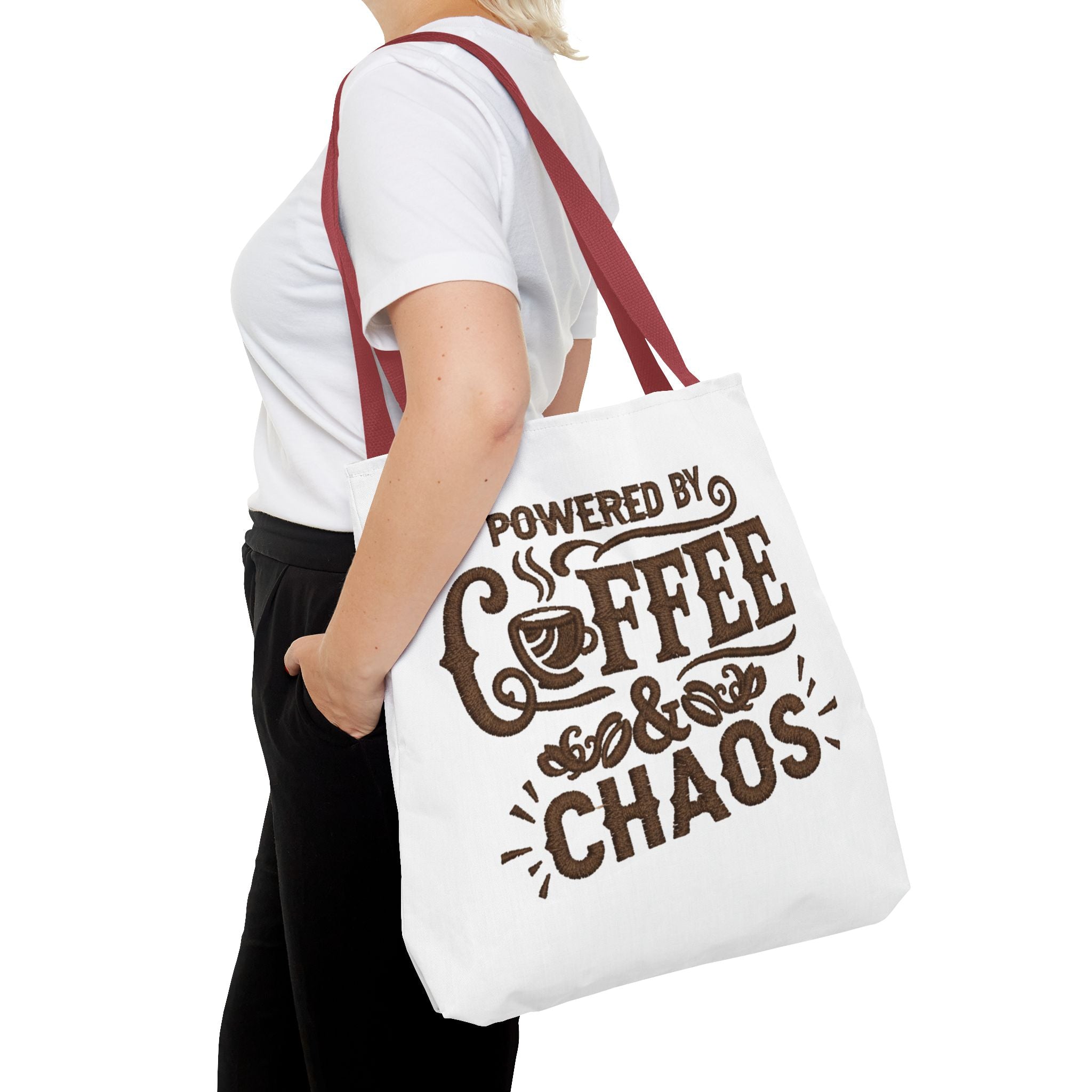 Powered by Coffee and Chaos Tote Bag | Funny Gift for Coffee Lovers, Busy Moms and Students, Reusable Carry-All, Durable Casual Shopper Bag