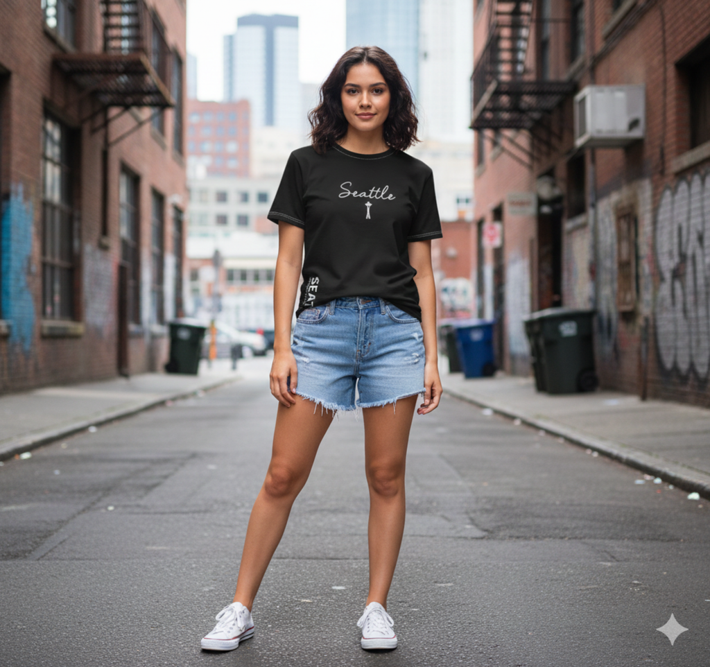 Seattle Script T-Shirt | Minimal Motivational City Tee, Streetwear Chest & Side Print, Unisex, Trendy Gift