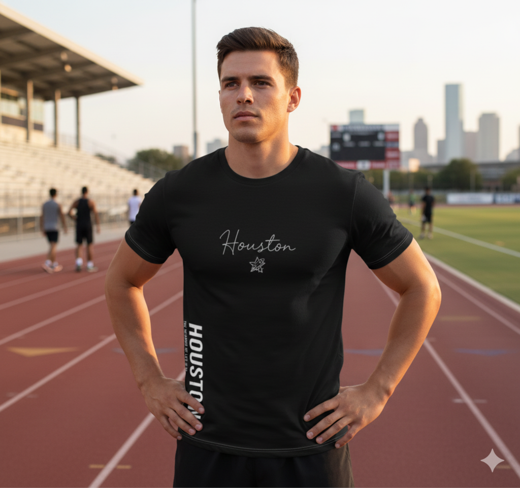 Houston Script T-Shirt | Minimal Motivational City Tee, Streetwear Chest & Side Print, Unisex, Trendy Gift