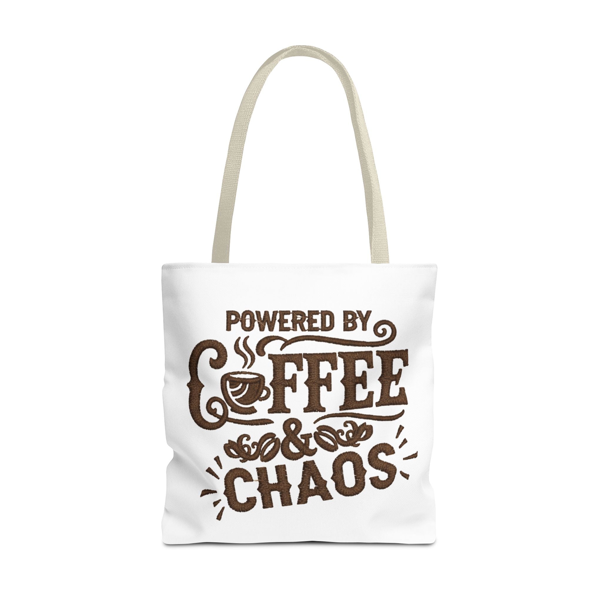 Powered by Coffee and Chaos Tote Bag | Funny Gift for Coffee Lovers, Busy Moms and Students, Reusable Carry-All, Durable Casual Shopper Bag