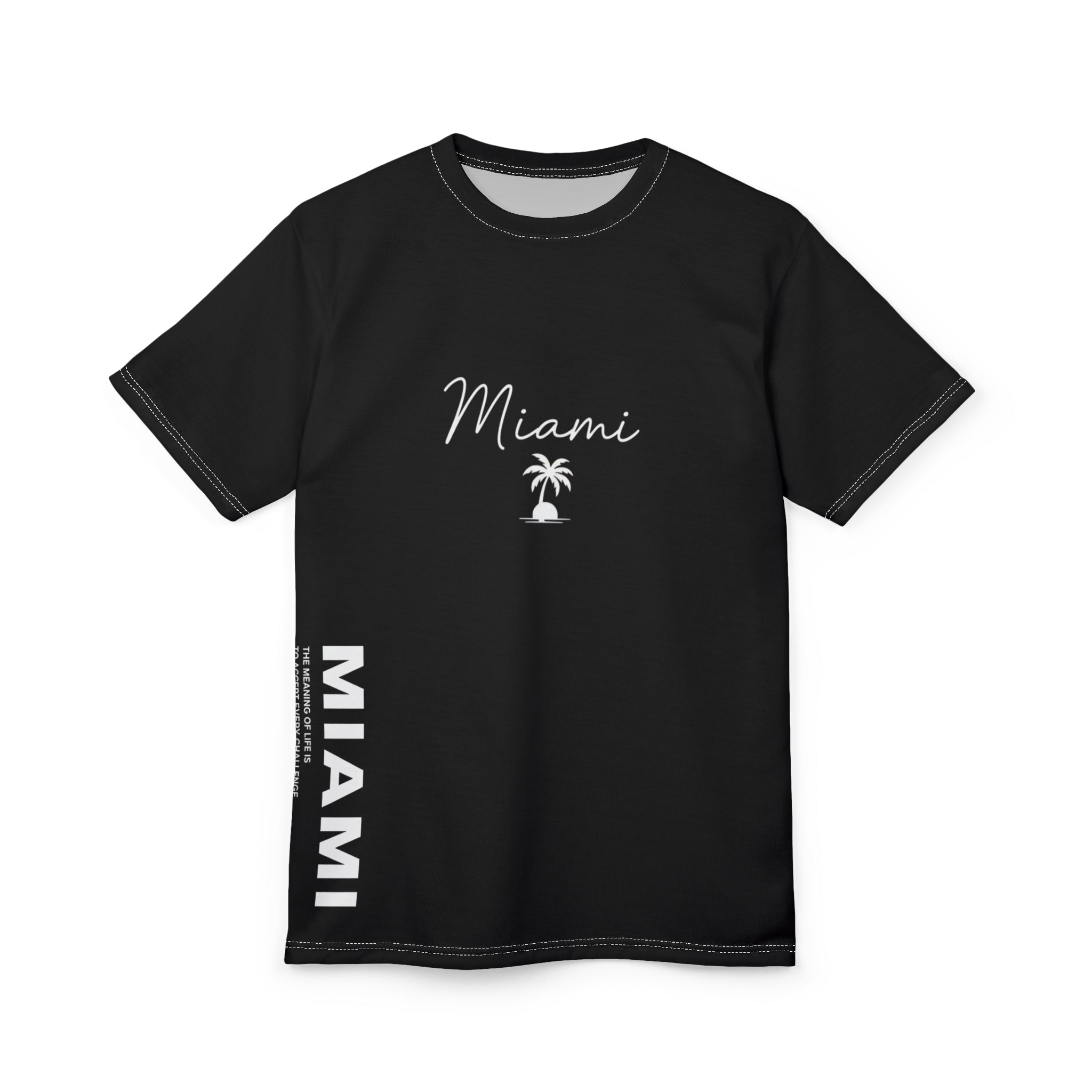 Miami Script T-Shirt | Minimal Motivational City Tee, Streetwear Chest & Side Print, Unisex, Trendy Gift