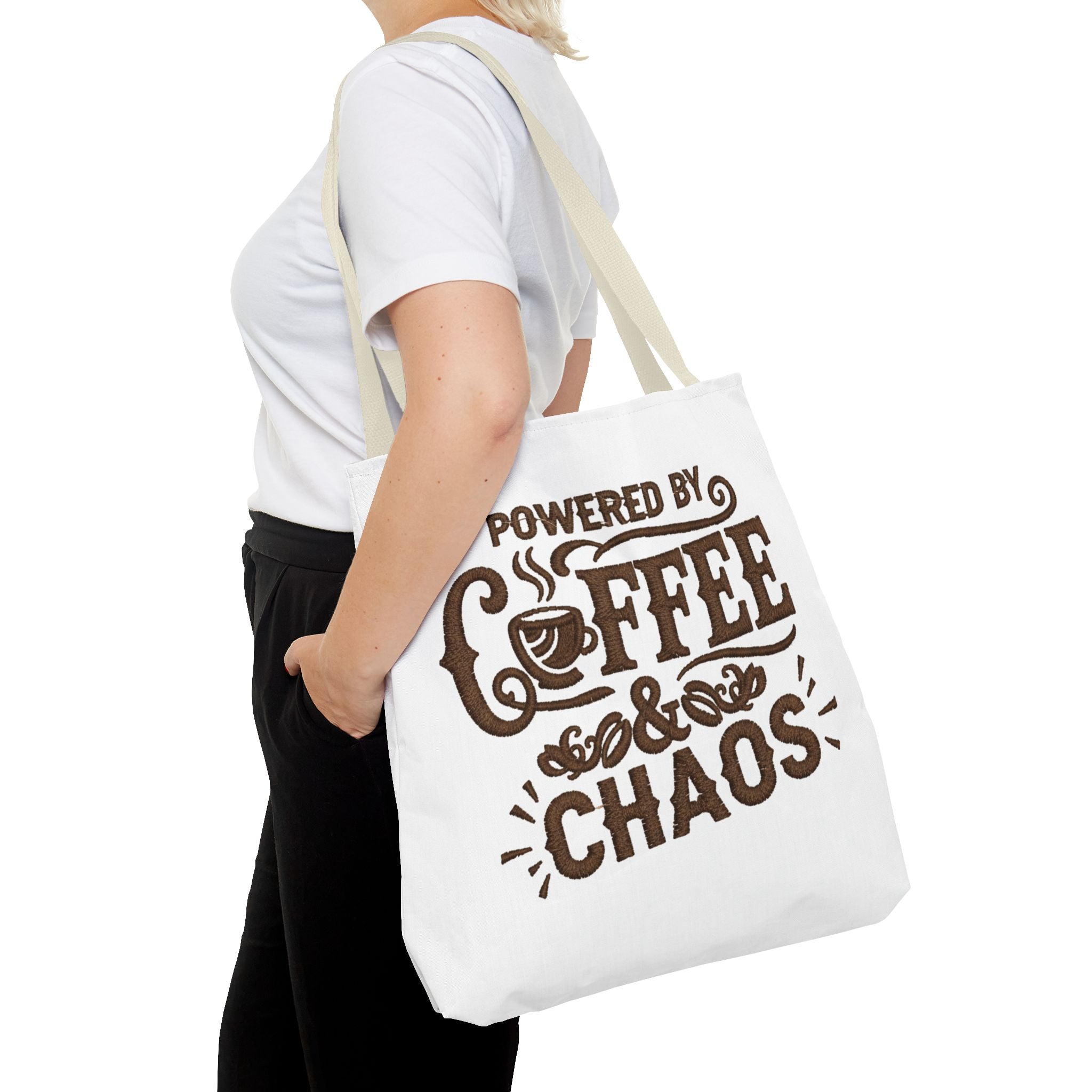 Powered by Coffee and Chaos Tote Bag | Funny Gift for Coffee Lovers, Busy Moms and Students, Reusable Carry-All, Durable Casual Shopper Bag