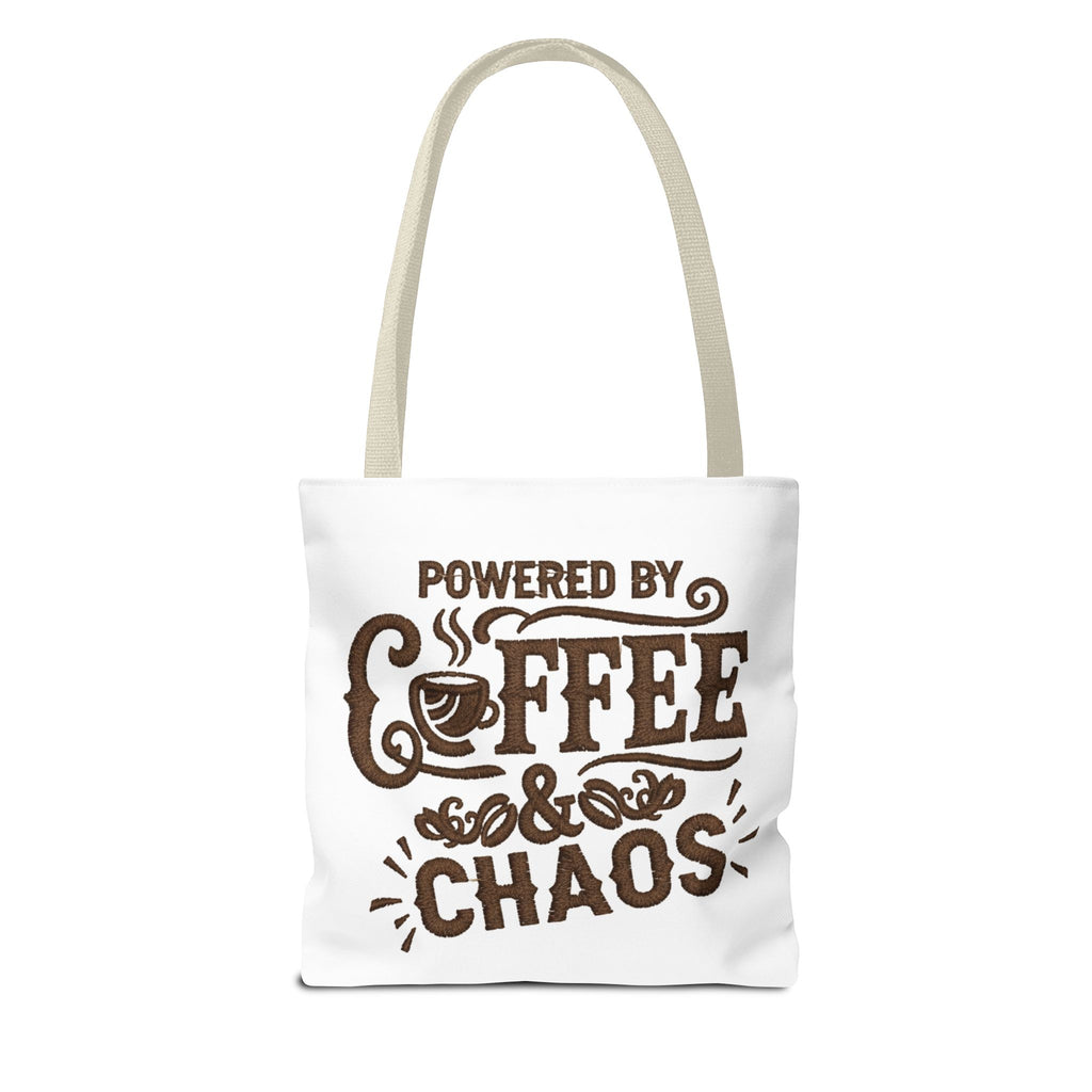 Powered by Coffee and Chaos Tote Bag | Funny Gift for Coffee Lovers, Busy Moms and Students, Reusable Carry-All, Durable Casual Shopper Bag