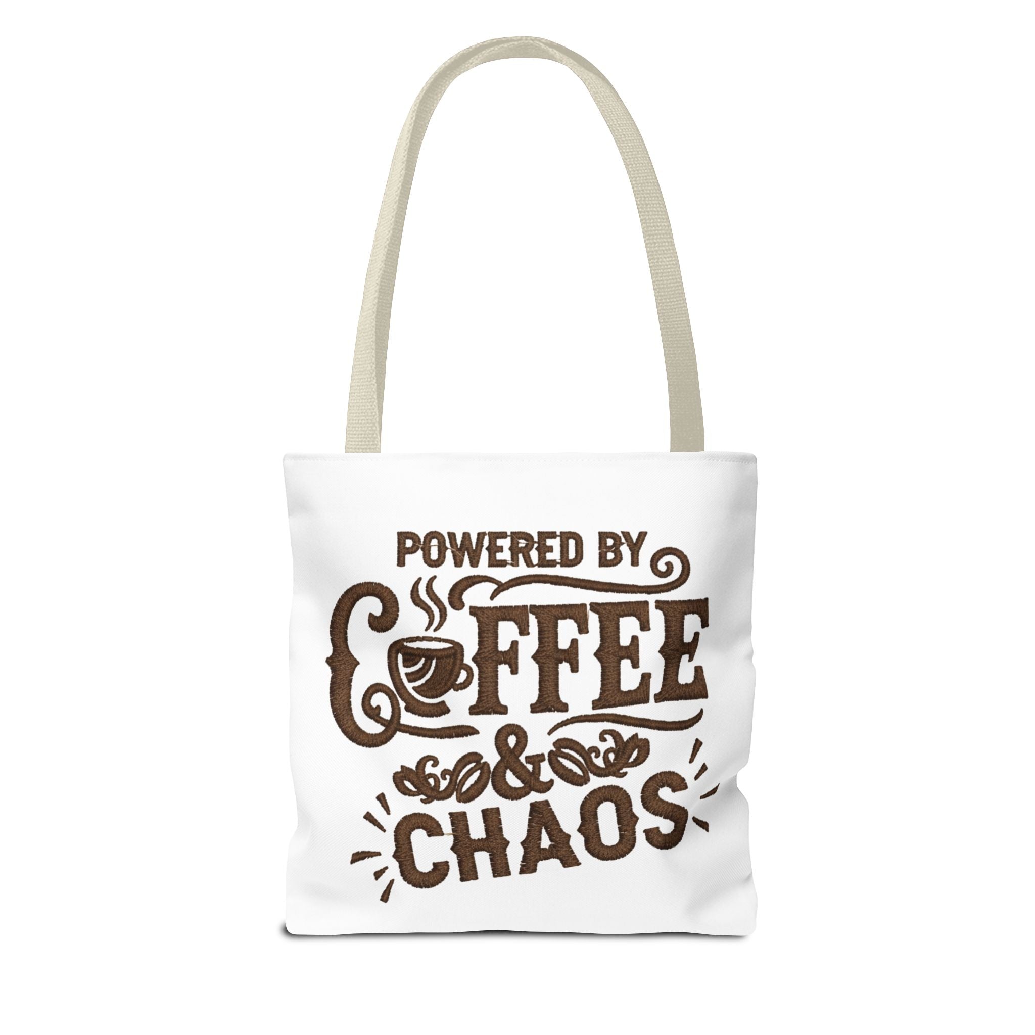 Powered by Coffee and Chaos Tote Bag | Funny Gift for Coffee Lovers, Busy Moms and Students, Reusable Carry-All, Durable Casual Shopper Bag