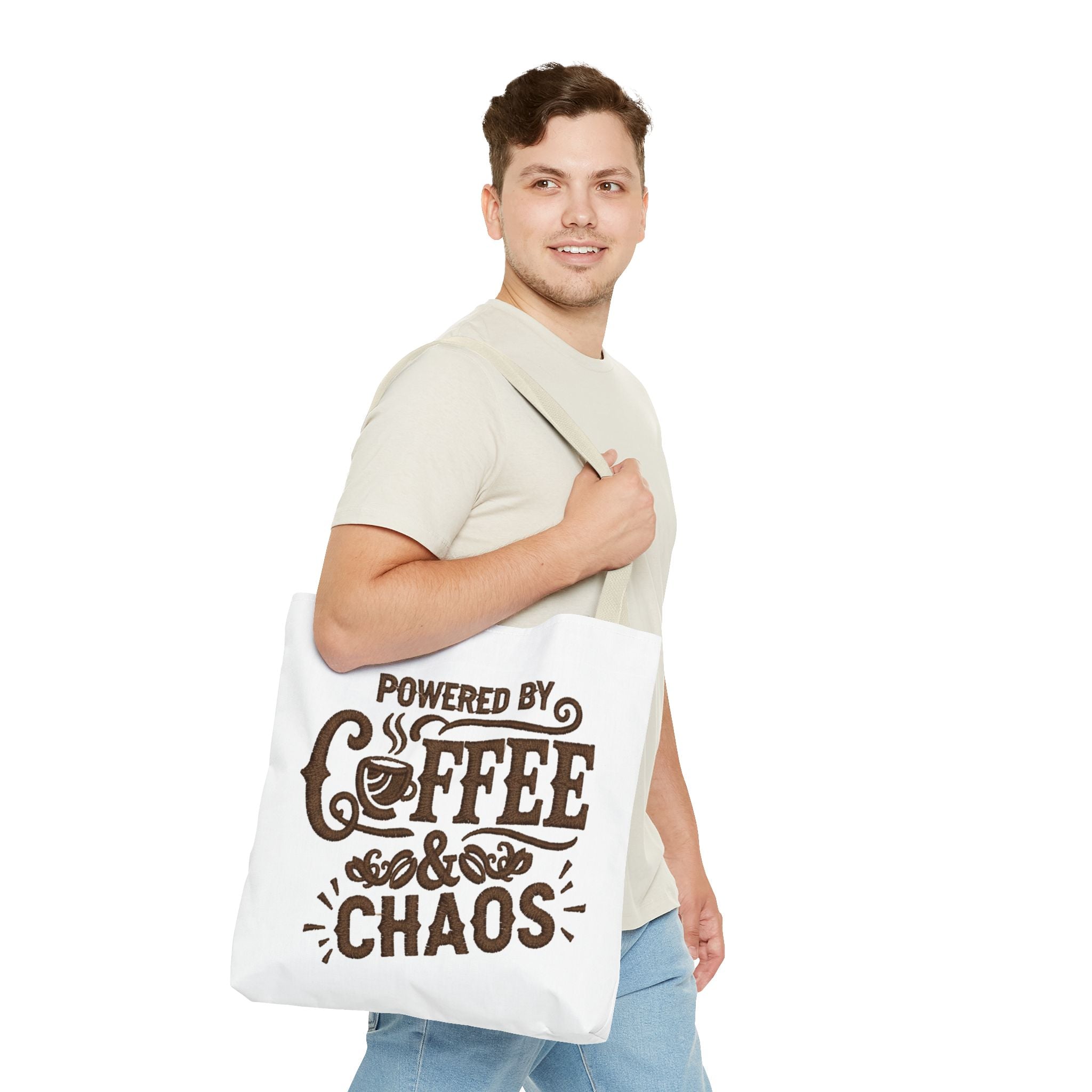 Powered by Coffee and Chaos Tote Bag | Funny Gift for Coffee Lovers, Busy Moms and Students, Reusable Carry-All, Durable Casual Shopper Bag