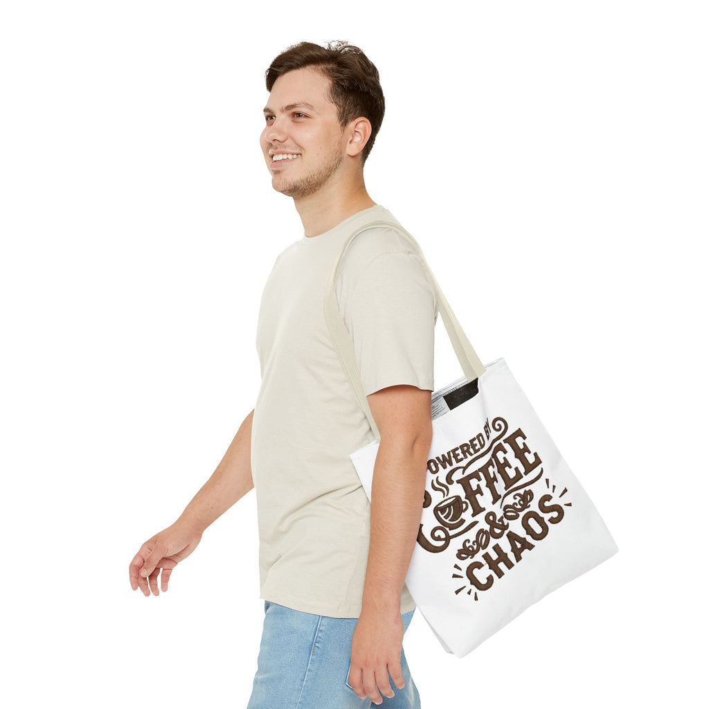 Powered by Coffee and Chaos Tote Bag | Funny Gift for Coffee Lovers, Busy Moms and Students, Reusable Carry-All, Durable Casual Shopper Bag