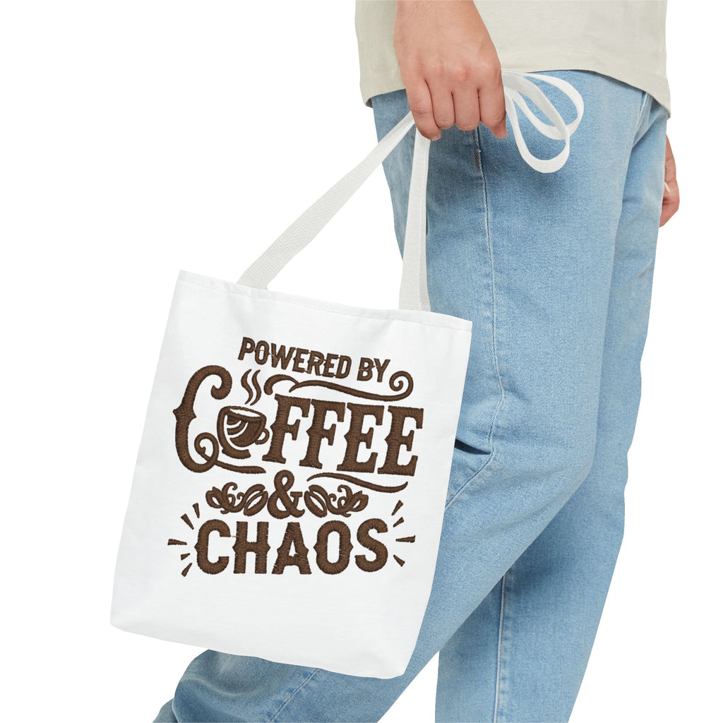 Powered by Coffee and Chaos Tote Bag | Funny Gift for Coffee Lovers, Busy Moms and Students, Reusable Carry-All, Durable Casual Shopper Bag