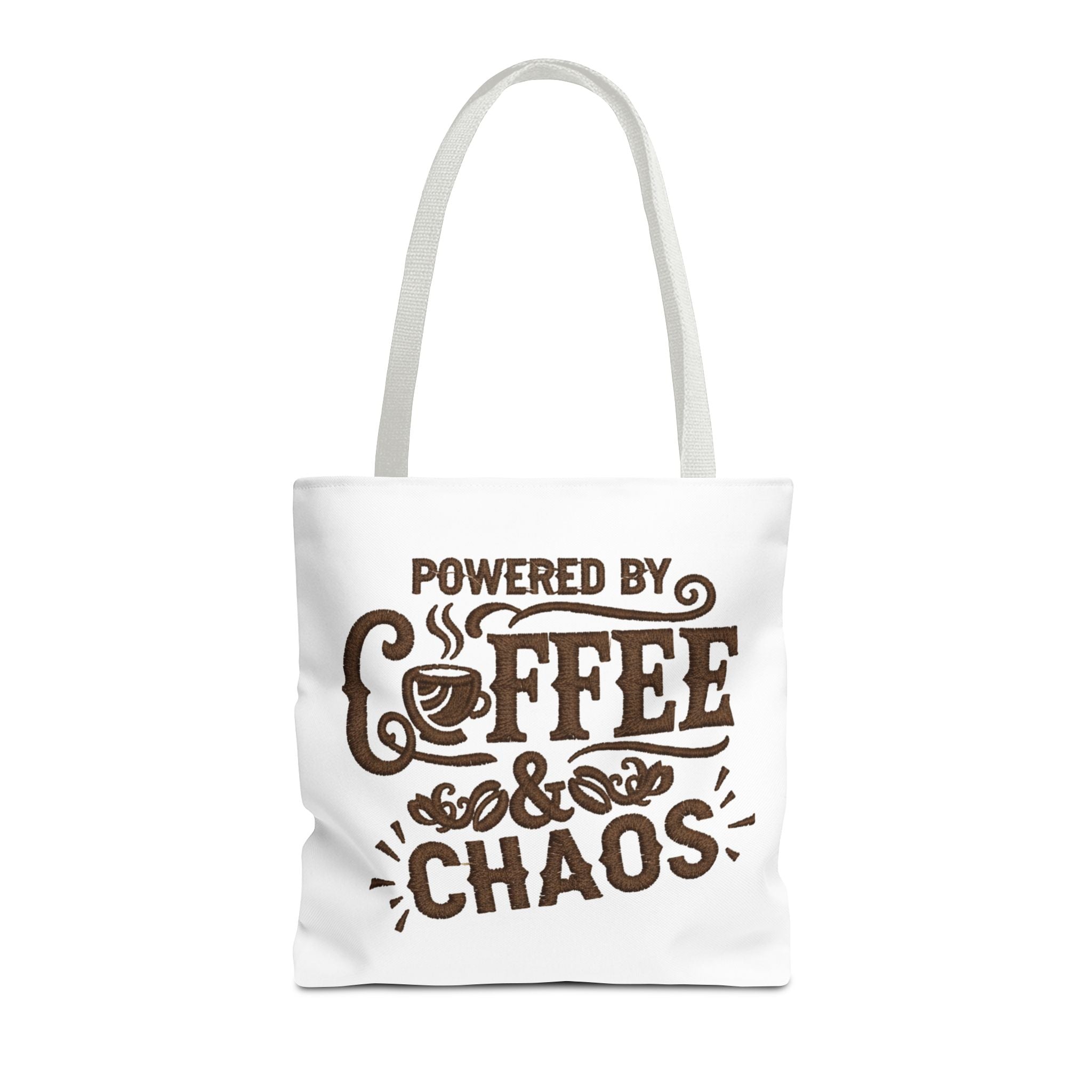 Powered by Coffee and Chaos Tote Bag | Funny Gift for Coffee Lovers, Busy Moms and Students, Reusable Carry-All, Durable Casual Shopper Bag