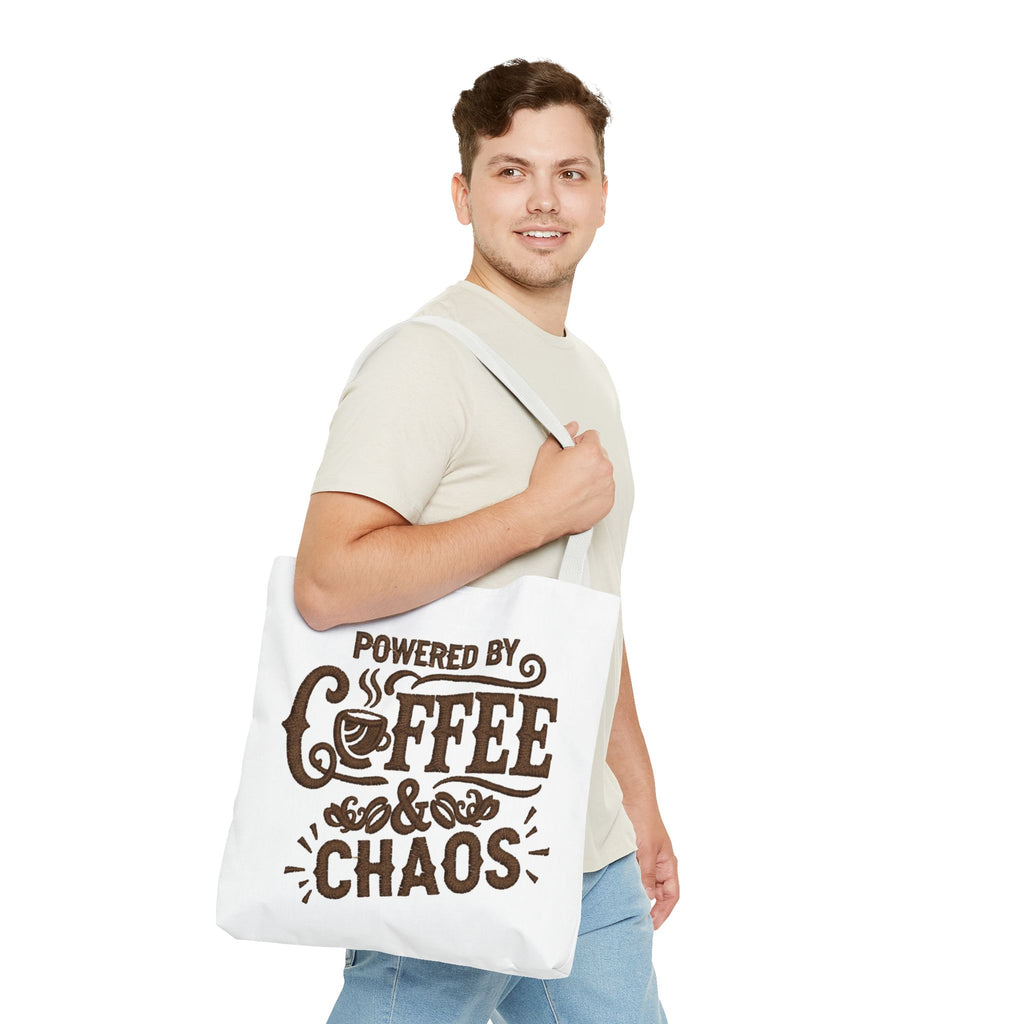 Powered by Coffee and Chaos Tote Bag | Funny Gift for Coffee Lovers, Busy Moms and Students, Reusable Carry-All, Durable Casual Shopper Bag