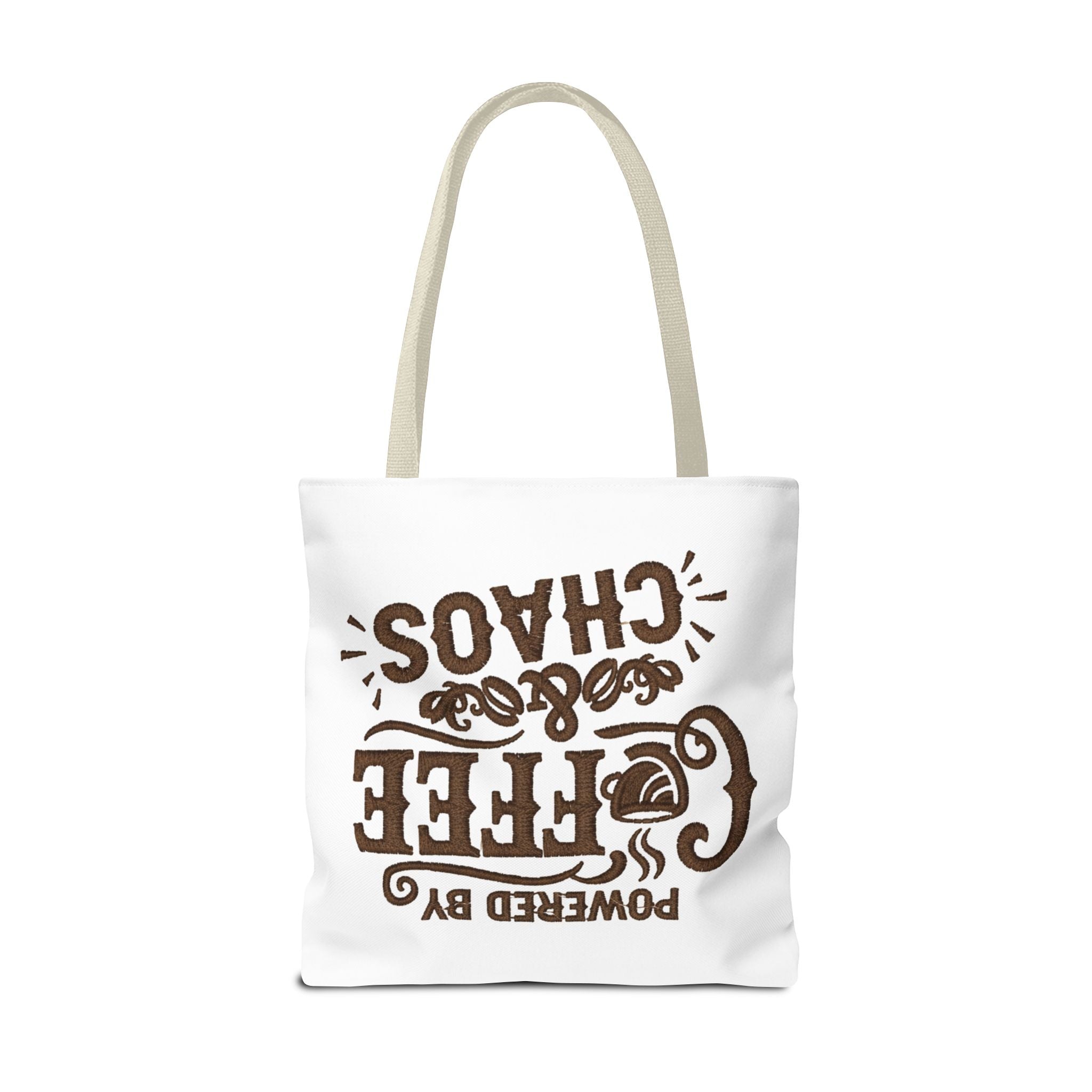 Powered by Coffee and Chaos Tote Bag | Funny Gift for Coffee Lovers, Busy Moms and Students, Reusable Carry-All, Durable Casual Shopper Bag
