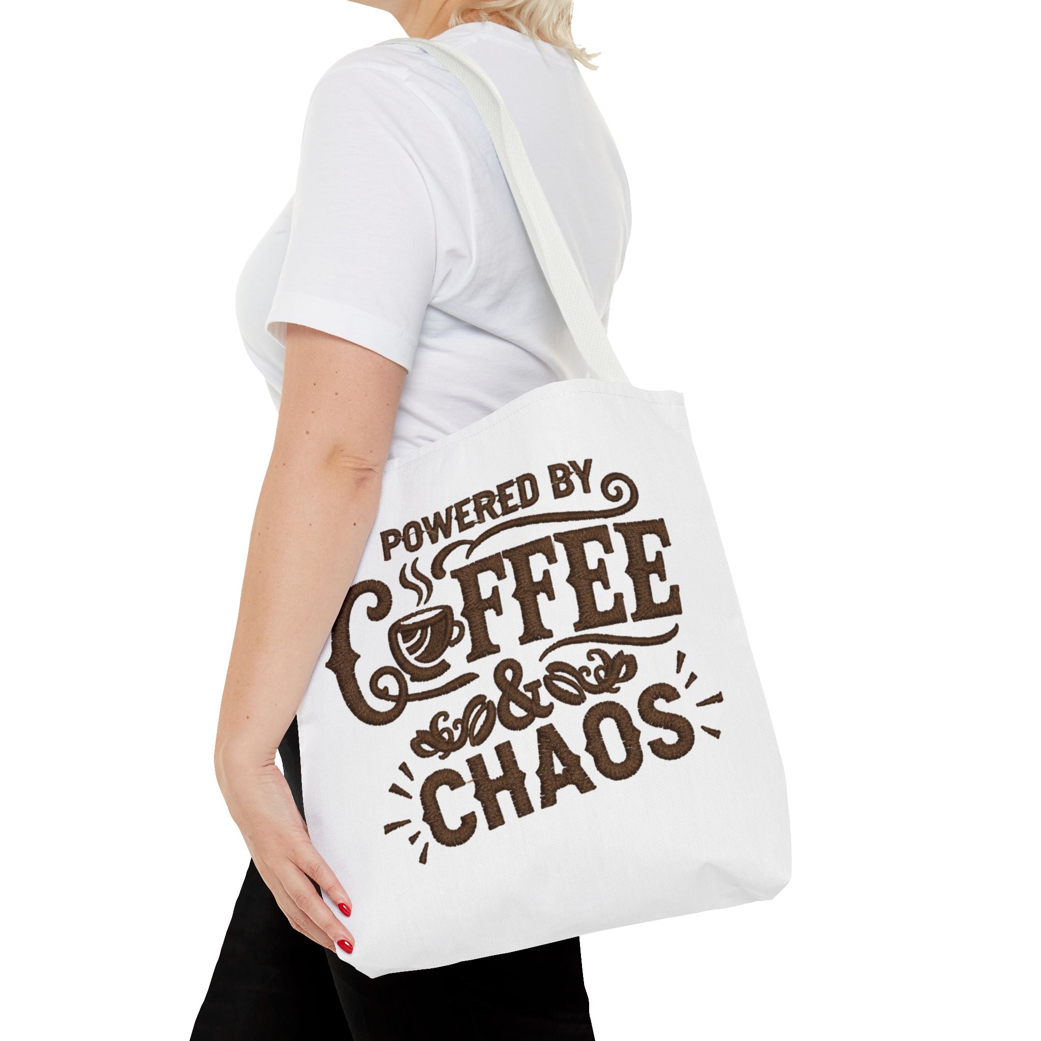 Powered by Coffee and Chaos Tote Bag | Funny Gift for Coffee Lovers, Busy Moms and Students, Reusable Carry-All, Durable Casual Shopper Bag